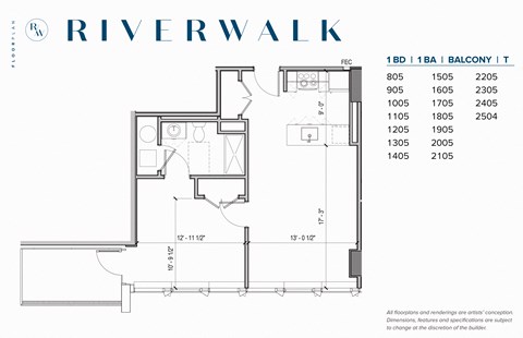 Floor plan for 1 bed, 1 bath, 687 sqft